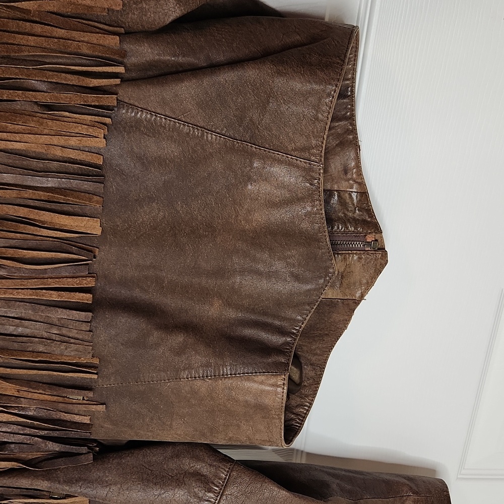 Fidelity leather fringe crop jacket vintage 80's biker moto western - Picture 7 of 16